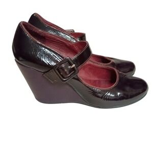 Faryl Robin Women Mary Jane Wedge Shoes Patent Plum Buckle Strap